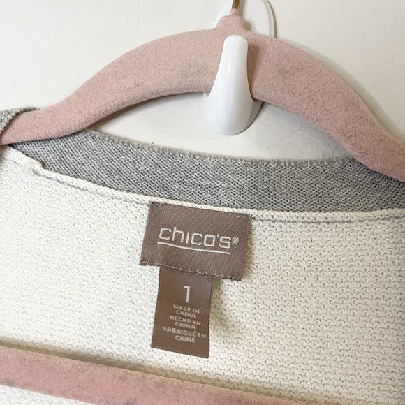 Chicos Womens Striped Open Front Knit Cardigan White Gray Cotton Blend Long 1 M - Picture 4 of 5